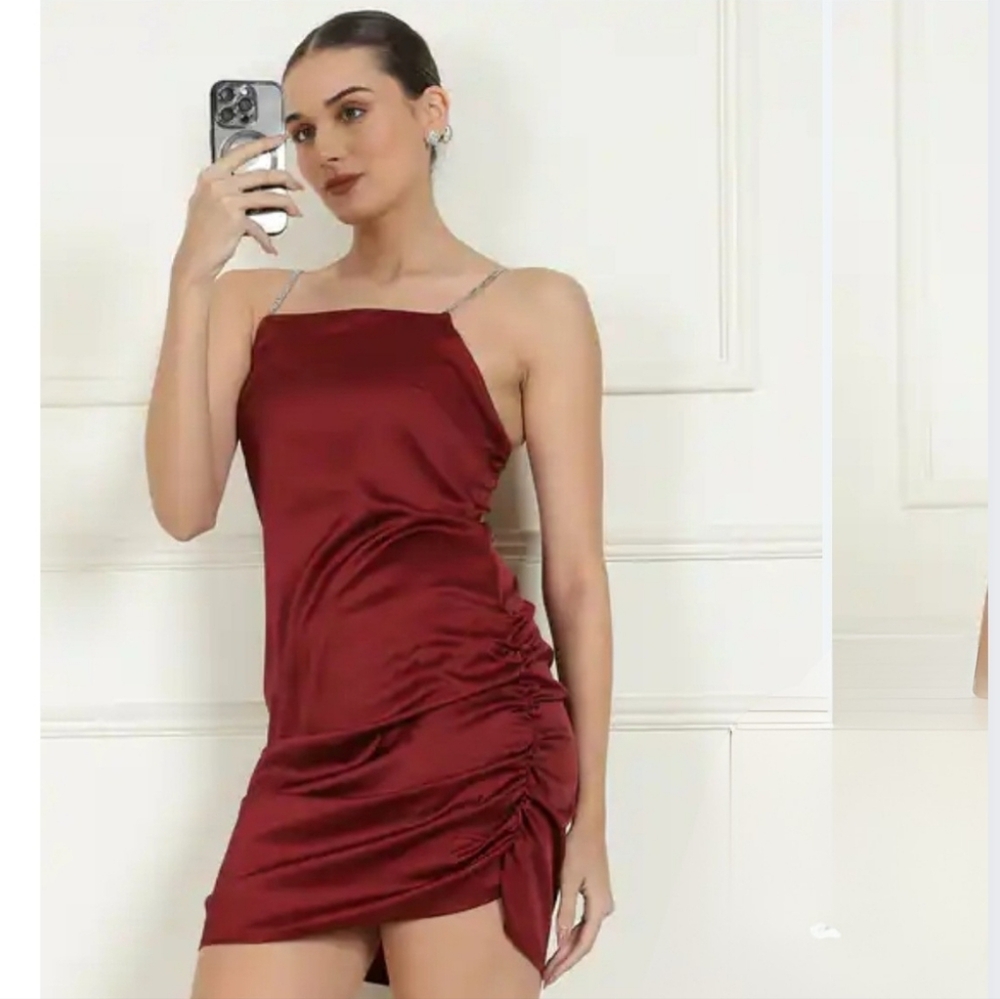SHEIN XS Corset Style Burgundy Ruched Mini Dress Party Event Cd-1703